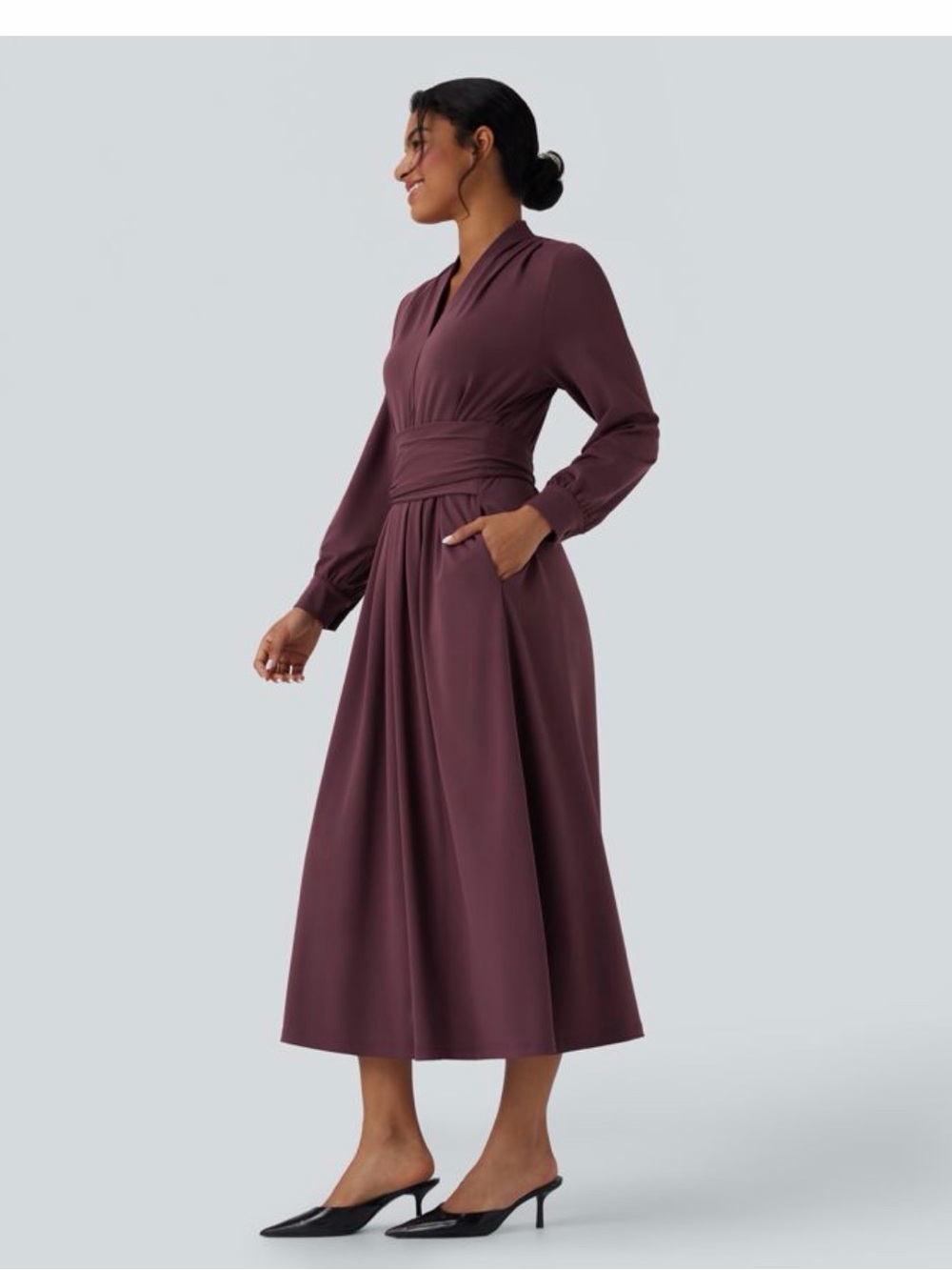 Halara NWT V-neck Long Sleeve Tie Back Midi Work Dress with Pockets in Plum Wine